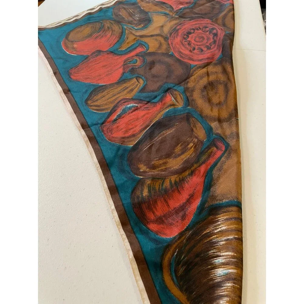 Womens Satin Abstract Pottery Square Scarf OS Vibrant Mature‎ Artsy Eclectic